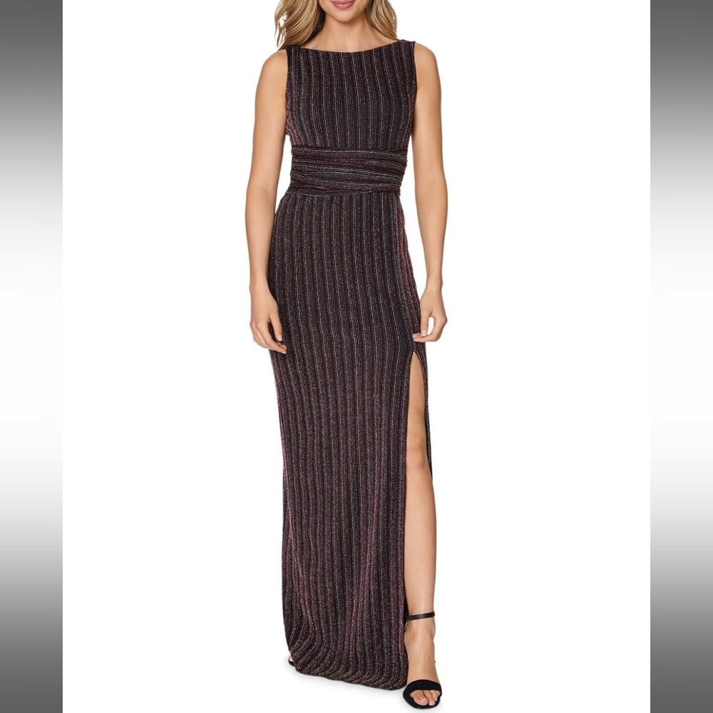 LAUNDRY BY SHELLI SEGAL Metallic-Stripe Slit Gown NWT